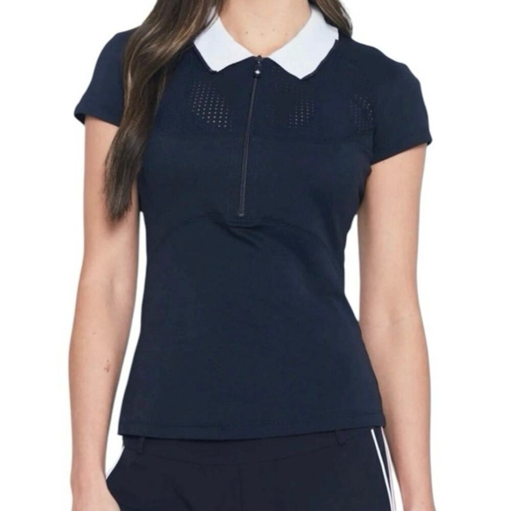 L’Etoile Sport Navy White Collar Zip Tennis Polo Mesh Performance Top - XS